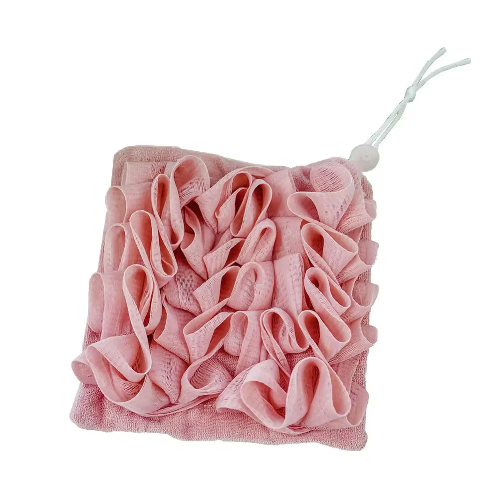 Soft Exfoliating 2-In-1 Bath Loofah - Bath Ball Towel + Drawstring Soap Closure, Reusable Mesh Shower Sponge for Skin Care