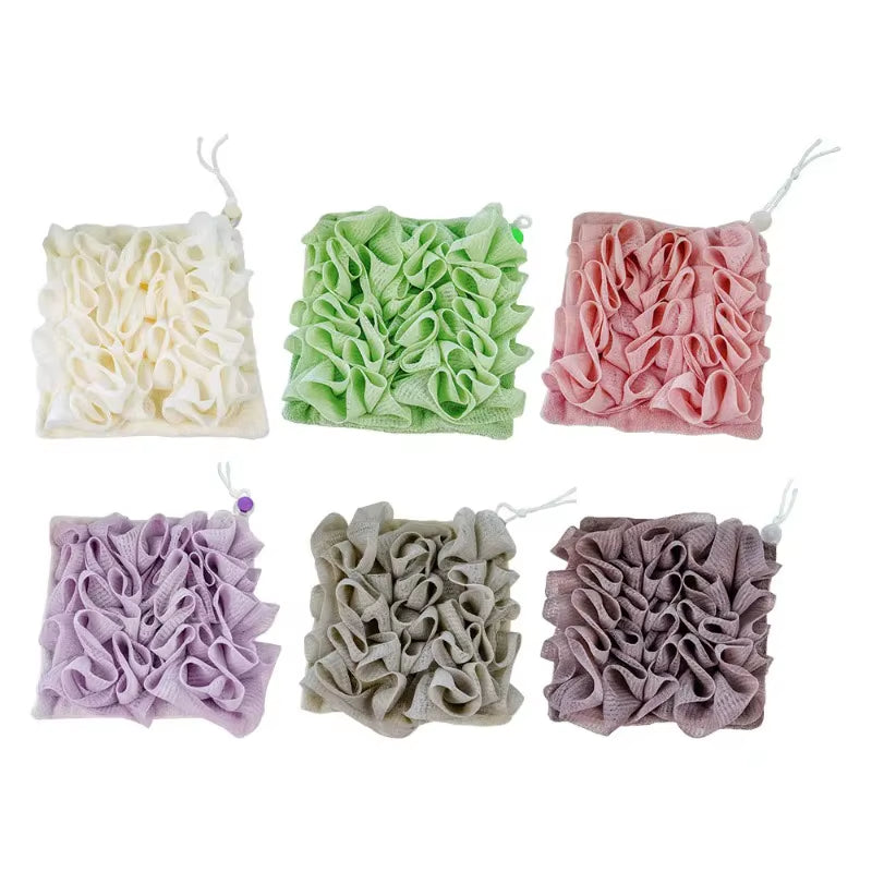 Soft Exfoliating 2-In-1 Bath Loofah - Bath Ball Towel + Drawstring Soap Closure, Reusable Mesh Shower Sponge for Skin Care
